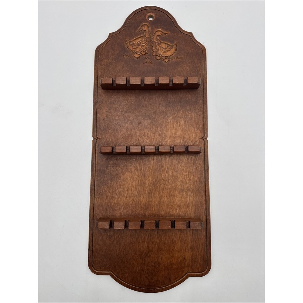 Vintage MCM Wood Hanging Wall TeaSpoon Rack Display Holder Carved Goose 18 Slot